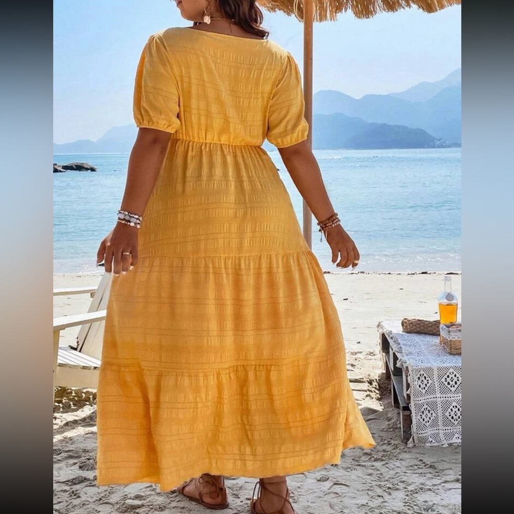 Boho plus size comfy square neck puff sleeve ruffle hem maxi dress - Picture 4 of 16